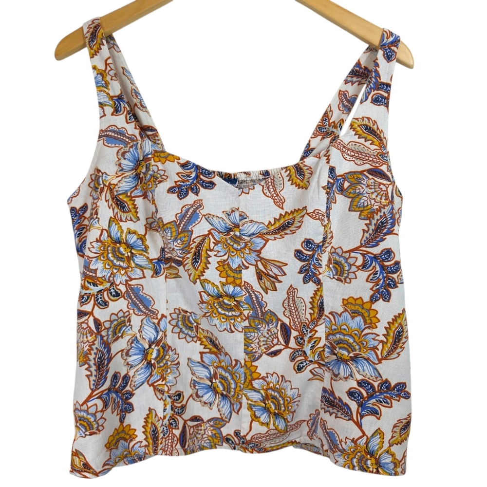 Old Navy Linen Blend Floral Smocked Tank Top Sz L Milkmaid Peasant Western EUC